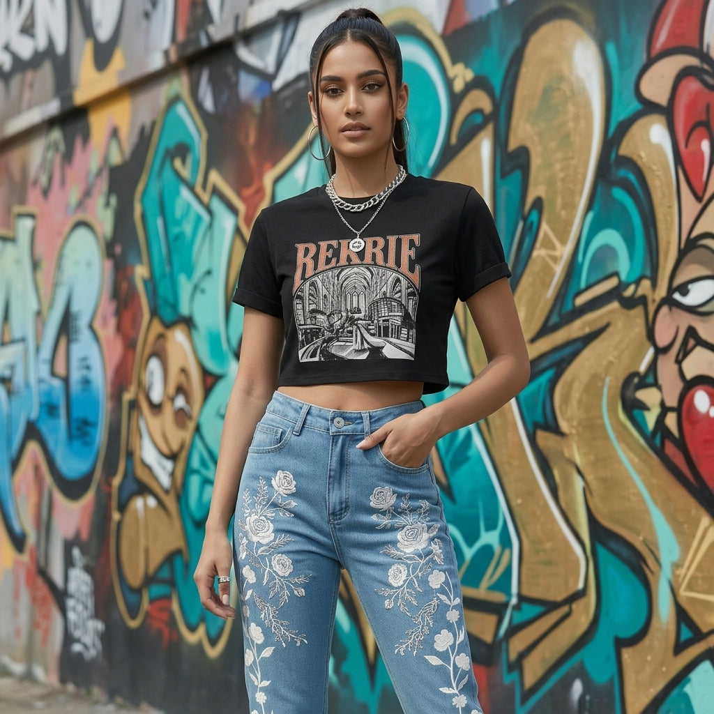 Patposha White-Flower Embroidered Straight Jeans