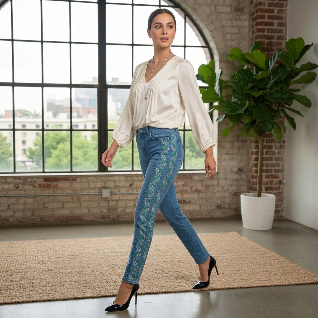Patposha Thin-Panel Embroidered Straight Jeans